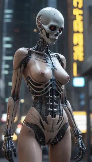 A cyberpunk girl with cyberpunk hair, (cybernetic skeleton:1.2), nude, (humanoid:1.7), (circuitry:1.6), . Beautiful makeup. Smokey eyes. Covered in piercings. Narrow hips. Thigh gap. Standing in an futuristic city. people around her. circuits, wires, reactor, core, internal damage, Realistic, hyper-detailed, 8K.