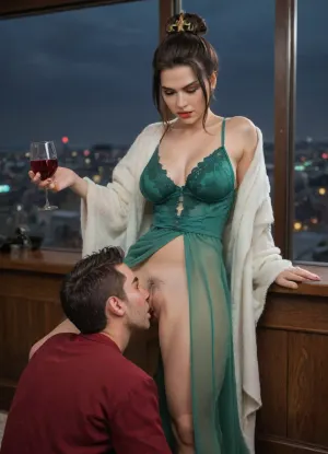 (masterpiece, best quality), (Twilight Photography:1.4), (Azula from Avatar:1.1), (emerald green glossy silk chemise, glossy silk night robe), holding glass of wine, (cunnilingus, standing cunnilingus:1.2), aroused, (cinematic lighting), spacious balcony, glass railings, city skyline view, penthouse, (night:1.4), captured with a Leica M10, Leica Summilux 50mm f/1.4 lens, sharp focus, best shadow, 8K, UHD, clear image, extremely sharp, extremely detailed, extremely intricate detail, high res, ultra-high-definition, highly detailed, ultra-sharp textures, finely detailed, perfect skin texture, hyperrealistic lighting, professional photography, full dynamic range, deep contrast, high clarity, realistic depth of field, HDR, perfect exposure, smooth gradients, natural reflections, ultra-fine details, realistic skin pores, individual hair strands, soft shadows, color-graded