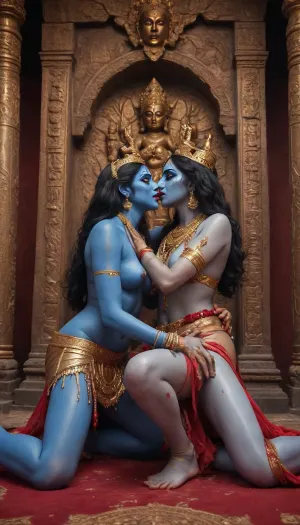 Indian goddess kali and Durga kissing in temple surrounded by corpses and naked