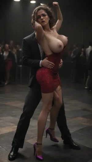 Ultra realistic, very high definition photo, Full length, full body view, side view, woman looking back at viewer, (dancing with a man, facing him, (tall man dressed in suit, with his cock sticking out of his trousers), , , on a crowded disco club dance floor:1.3), elegant, elaborated beautiful french woman, busty MILF, masterpiece, ((fully dressed, massive cleavage, tits just covered:1.4), wearing a low neckline halter neck purple evening knee length dress, split to thigh height), MILF, 40 year old, big saggy breasts, milf body, messy dark brown very long hair, dark tanned skin, tan lines, angry attitude, arrogant attitude, dominant face, bitchy face, looking very upset and angry, looking at the viewer, intense stare, look at the viewer, eye contact, angry, looking wearing heavy rimmed glasses, (she is dancing, dress and hair swinging outwards as she dances), (the man and woman face each other, they are fucking as they dance, standing position, making love on the dance floor:1.5), garter belt, black stockings, purple high heels, very hairy pussy, (people dancing in the background:1.3), hard nipples. downblouse, nipslip, very, long, hair, hanging, dynamic, on, ground, <lora:RealDownblouseXL2:.8>, <lora:verylonghairv2:.8>, <lora:dark:.8>