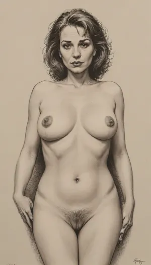 Masterpiece, score_9, score_8_up, score_7_up, joan, A detailed black and white pencil drawing with clean lines and meticulous shading, sketch of a nude 55 yo mature woman with very long hair pulled into a bun on top of her head, (she is spreading legs to show open hairy pussy:1.6), spread legs, spread wet pussy, view of the mountains and forest, soft features, and a serene expression. She is hanging her breasts with both hands, her trimmed, hairy pussy in full view. The drawing should have delicate shading and intricate details, capturing the essence of the subject with fine pencil strokes, background is be simple, allowing the focus to remain on the portrait itself, drawing, by, NTY, v0ng44g, sk3tch, sexy, 34d tits, sagging tits, flat empty breasts, large dark areolas, thick waist, wide hips, big ass, fat thighs, extensive hairy pussy, (chubby:1.4), (belly folds:1.2), (mature face:1.8), 55 year-old mature milf, <lora:sketch_it:1.6>, <lora:vor_enki.sdxl.lora.v5:1.4>