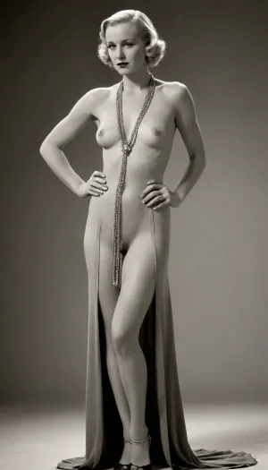 Blonde woman, full body portrait 40 years old, full nude, 1930s robe, 1930s necklace, (monochrome by George Hoyningen-Huene)