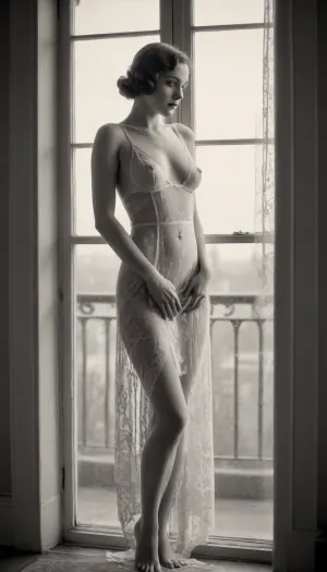 art deco style, full body portrait, bedroom, view from the door at her table at the window, She is dressed in a long lace negligee trimmed with fur, she looking at the window, showing naked breasts, (1920s lightly monochrome photography)