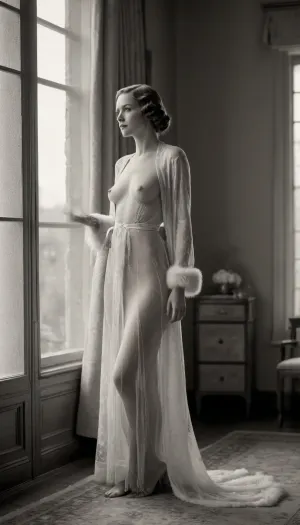 art deco style, full body portrait, woman 35 years old in a ornated room, view from the door at her chair at the window, She is dressed in a long transparent robe trimmed with fur, she looking at the window, showing small naked breasts, flat chest, (1930s lightly monochrome photography)
