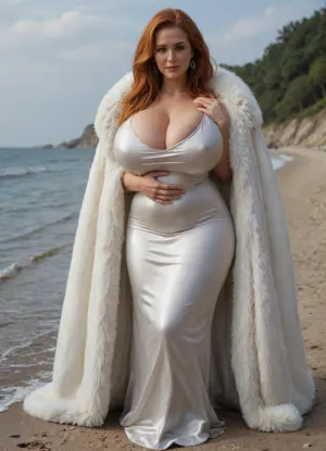 8K, side view, (((milf))), ((((((tight evening dress from a fur coat)))))), russia womans, ((((soft lower belly))), ((((huge breast)))), view full-body, ((huge long Ginger hair)), Green eyes, sexy pose, Perfect hands, (perfect niples), (perfect shaped body), is it standing or lying down, outdoors, at sea, ((Clutching his stomach, He lifts his chest with his hand, different hand positions)))
