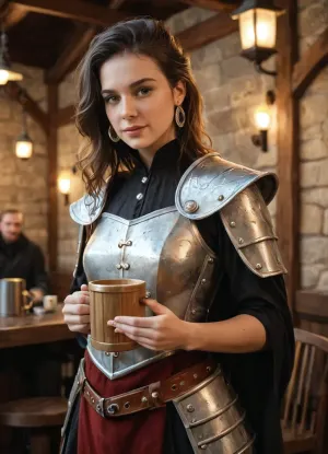 realistic Marion Ravenwood as a Dungeons and Dragons Valor Bard, fiery and confident, wearing rugged yet ornate bardic armor with leather and embroidered cloth, carrying a rapier at her side and a lute strapped across her back, standing in a lively tavern lit by lanterns and firelight, one hand resting on her weapon while the other lifts a mug as if mid-toast, aura of charm, wit, and fearless energy, cinematic photorealism, ultra-detailed textures, 8k, masterpiece, best quality