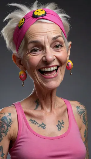 funny caricature, rebellious elder punk caricature, elderly caucasian female, 80 years old, Jennifer, tattooed skin, slicked-back white hair, gritty teeth, big cartoonish head, cartoonish limp saggy boobs, exaggerated caricature features, mischievous expression, (wearing pink headband), (yellow tank top), vibrant colors