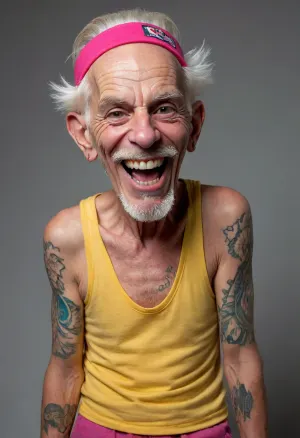 funny caricature, rebellious elder punk caricature, elderly caucasian male, 70 years old, tattooed skin, slicked-back white hair, gritty teeth, big cartoonish head, exaggerated caricature features, mischievous expression, (wearing pink headband), (yellow tank top), vibrant colors