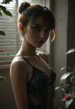 (masterpiece, best quality, absurdres), 1.2, artistic portrait, beautiful jackie, flowers, hairstyle, sexy, cute, cinematic photo of one, very very petite 20 year Korean women., (younger face:.9), she standing in the bedroom with many flowers and looks at the viewer., she has a cute body and very cute face, ((bun hairstyle, bangs, short hair, rainbow hair)), ((slim body:1.35)), ((small breast:.9)), (smal cute elf ears:.95), ((very submissive:1.1)), ((she is wearing fantastic thin transparent dark-green lace Jumpsuits and a lace chocker. the lace structure of the Jumpsuits has a futuristic parametric shape with openwork cutouts like petals and leaves.)), (boobs focused), colorful, (dynamic lighting, shadow detailed), (highly detailed), 1.4, speed art, cinematic lighting, neon glare, red and blue soft additional colors, large window with blinds, through the blinds the sunlight covered her beautiful small breasts with rays of the sun, light, dim light low key style, 35mm photograph, film, bokeh, professional, 4k, highly detailed, <lora:finenude_v0_2a:.4>, <lora:jackie_blabla_v10:.8>, <lora:dark:.05>