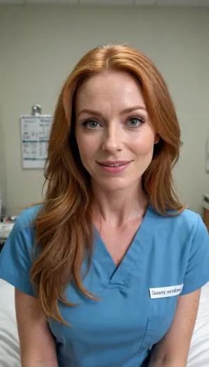 In hospital room, in hospital scrubs, happy face, pov style, eye contact, Sexy ginger, long sleek hair, 50 year old dark teint, wearing hospital scrubs, gorgeous slim body, detailed body, petite, sexy face, obidient but sexy face expression, wearing scrubs, small boobs, gorgeous, perfectly drawn hands, flawless hands, textured natural face, ultra realistic, 4k uhd, high quality render, wow, super sexy