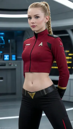 1 Young 18yrs old tiny starfleet commander, typical red and black starfleet-commander-uniform, pants pulled down, abs, flat stomach, tiny belly button, gap between narrow thighs, tiny waist, one braided albino ponytail, entire appearance radiates youth lightheartedness naivety freshness and newness, spacestation lab, future, bent over, commando-console, beguiling, wealthy, expensive, ornamated, pomp, splendor, pageantry, magnificence opulence, sumptuousness, Motivation, ambition