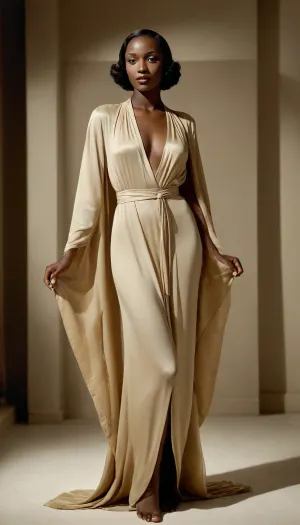 Caribbean woman, full body portrait 26 years old, full nude, 1930s spreaded robe, (George Hoyningen-Huene), limelight beaming behind her