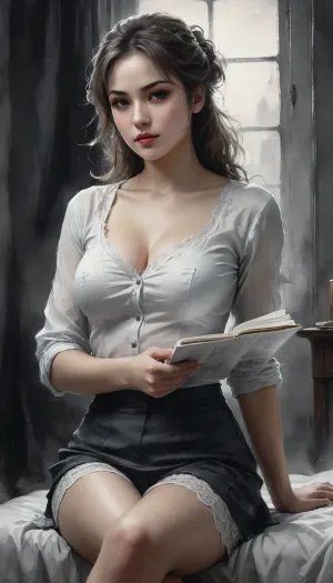 Nightly, (((black and white manga, drawing, watercolor, ink, comics))), manga style, anime style, hentai style, 19th century, realistic, soft light, realistic proportion, realistic body woman, caucasian, 25 year old, venitian blond, blue lace guepiere, lace panties, linen skirt, unbuttonned low-cut shirt, bedroom, lascivious air, proud, brown detailed eyes, sitting 3/4 view, very slight smile, perfect face, perfect body, perfect fingers, perfect hand, silk negligee, chiaroscuro, reading book, unwearing, upskirt, raw, eyes, perfecteyes, theme, epiCNegative, Black, and, white, art, black, pencil, shading, charcoal, drawing, toned, paper, brutal, dark, b/w, color, scheme, blush, breasts, monochrome, greyscale, large, eyebrows, visible, through, hair, bangs, solo, focus, masterpiece, best, quality, very, aesthetic, absurdres, <lora:Black and white art.V1:2>, <lora:Khyle_XL:2>, <lora:CALM WHITE-NAI:2>, <lora:WildcardX-XL-Detail-Enhancer:.8>