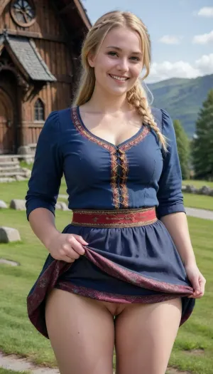 woman, Full body in view.outside, Wide field of view. 25 year old chubby norway, huge breast, 5'11". Flat stomach. Thin face. Blonde braided hair. Traditional norway dress. Standing. Face leaning forward. Smiling. a Stave Church., skirtlift, pussy, legs, spread, <lora:skirtlift_xl:2>, <lora:Norwegian_stave_church:1.8>, <lora:NcyPussy_v05:.8>