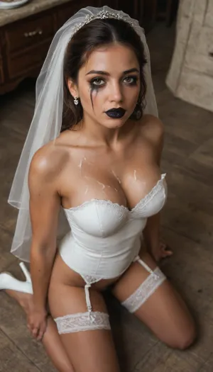 3/4 view, (young pretty French woman:1.6), 25 y.o., brunette hair, brown eyes, ((black lipstick)), ((running makeup)), (Mocha skin:1.6), athletic, muscular, ((tight natural breasts)), wild bushy pubic hair, cheaky expression, submissive, horny, naughty, slutty, ((white wedding dress with Veil stocking garter belt and white heels)), (Victorian house:1.6), ((View from above)), ((kneeling beging)), (large volume of bukkake:1.6)