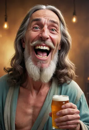 Jesus Christ from Nazareth, funny caricature, rebellious elder caricature, elderly russian male, 80 years old, gritty teeth, big cartoonish head, funny, exaggerated caricature features, mischievous expression, holding bottle of beer, vibrant colors