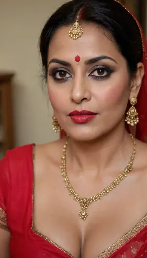 cheating bengali boudi, indian milf in her mid 50's, horny, red lipstick and smoky eyes bold look