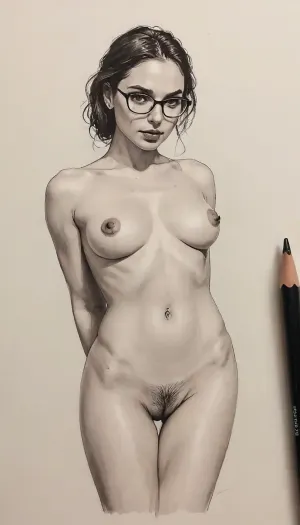 detailed pencil drawing with clean lines and meticulous shading, Naked Gal Gadot, sidelight, glasses with black rim, cross eyes, huge breast, (((pussy piercings))), simple background, erotic, hot, sexy, dynamic masturbate pose, blurry background, 1girl, after sex pussy, front view, тlineart, (((monochrome))), blurry white background, drawing, by, NTY, jsbw, style, v0ng44g, sk3tch, .8>, <lora:JasmineBWXLDoguMini:.7>, <lora:sketch_it:1.4>, <lora:195794_training_data:.9>