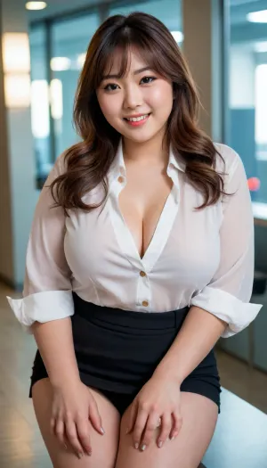 Realistic, candid photo, 1girl, beautiful, (chubby:.5), modest, modesty, huge japanese girl, round face, huge bright eyes, sweet smile, full confident vibe, heavy make up, lovely features, top 2 button undone, revealing, arousing, seductive, long office shirt, very long flowy hair, bangs, busty, deep cleavage, full body view. Feet, shoes, heels.