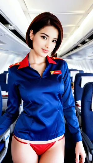 Wearing blue micro thong, latina, short brunette hair, face look at viewer, shy smile, serving, aisle, airlines cabin crew, red long sleeve uniform
