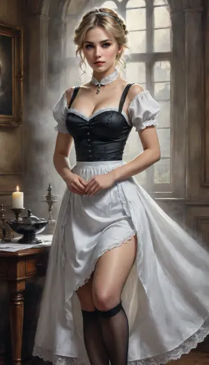 Nightly, (((manga, drawing, watercolor, ink, comics))), manga style, anime style, hentai style, 1900s, Sexy nice pretty beautiful thin woman, 30 year old, blond, perfect finger, sexy countess, in english manor, making love, perfect proportion, hairy pussy, lying, show pussy, in love, show tits, hand on nipple or pussy, (candlesticks), show nipples, nipples above dress, stockings, victorian, maid, <lora:xl_victorian_maid_dress-1.0:.5>, raw, eyes, perfecteyes, theme, epiCNegative, Black, and, white, art, black, pencil, shading, charcoal, drawing, toned, paper, brutal, dark, b/w, color, scheme, blush, breasts, monochrome, greyscale, large, eyebrows, visible, through, hair, bangs, solo, focus, masterpiece, best, quality, very, aesthetic, absurdres, <lora:Black and white art.V1:2>, <lora:Khyle_XL:2>, <lora:CALM WHITE-NAI:2>, <lora:WildcardX-XL-Detail-Enhancer:.8>