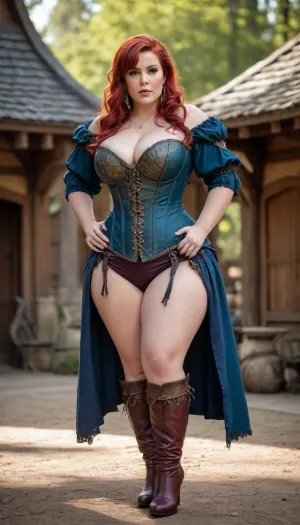 Professional photo of a plus size model, thicc curvy sexy older woman, dressed in sexy elven sorceress inspired corset, ornate leather boots, thick thighs, toned legs, wide hips, large saggy drooping breasts, perfect shaved vagina, at a Renaissance faire, red hair in a ponytail with bangs