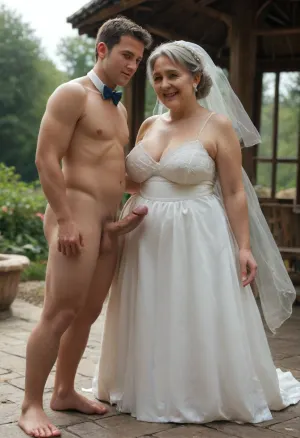 Gazebo, bright lighting., ((obese granny in wedding dress, gray hair, make up)), slim naked boy, bowtie, hard cock, facing toward camera, Happy., full body view, focus on cock, <lora:MJ52:1.8>