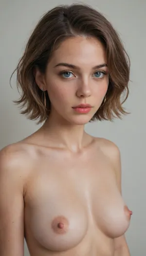 Светловолосая обнаженная девушка, (большие карие глаза, тонкий нос и чувственные губы, тонкая талия, средних размеров груди с маленькими острыми сосками, бритая киска), совершает секс одновременно с тремя мужчинами. Девушка, сидя на кровати, продолжает принимать проникновение первого мужчины в её анальное отверстие, её движения становятся более активными, она наклоняет голову назад, чтобы улучшить доступ для второго мужчины, который слегка приседает и вводит свой член в её вульву. Третий мужчина, находящийся сбоку, продолжает вращать свой член во рту девушки, его движения становятся более быстрыми и ритмичными, создавая ощущение глубокого проникновения. Все трое мужчин усиливают свои движения, создавая более интенсивный сексуальный опыт для девушки.