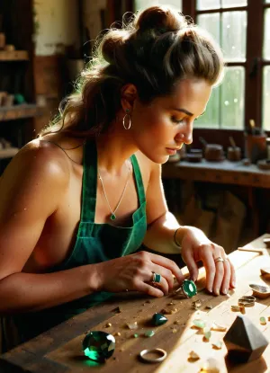 (jewelry workshop:1.3), a female jeweler in her workshop creating a ring, painstaking work, (focused gaze downward:1.2), (thick hair:1.1), (natural light from a large window:1.3), (stained glass window:1.2), light falls on face and shoulders, (hint of sweat, small drops of water on skin:1.1), (brown work apron on bare body:1.1), wooden table, jewelry tools, (emerald gemstone:1.4), (silver ring at work:1.3), (dust and chips on table:1.1), soft shadows, (richly detailed:1.1), realistic, photorealistic, cinematic light, (depth of field:1.1), (high resolution:1.2), (macro focus:1.1), (exquisite facial details:1.1), artwork, ring, workshop, (vintage look:.9), warm tones, artistic.