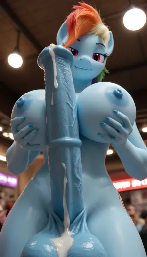 Scene is at concert with colorful lights, scene is of Solo furry anthro cartoon futa rainbow dash my little pony with massive hung horse cock and dominant smirk standing over POV, looking up at rainbow dash, rainbow dash looking down at you with gigantic flaccid flared blue cock, cum drip from urethra, cartoon furry anthro mlp rainbow dash, massive tits, close up of flared horse cock head with drip of cum, rainbow dash has massive JJJJ breasts and hard nipples, blue cock, gigantic full breasts, sexy cartoon anthro mlp rainbow dash face, rainbow dash holding own breast tightly