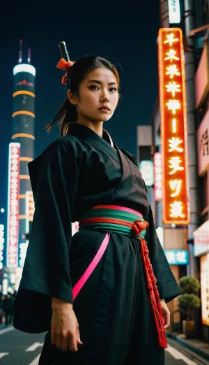 Photography, (photographic), cinematic photography {hint}. 35mm photography, film, bokeh, professional, 4k, highly detailed, cinematic, shallow depth of field, film grain, high budget, epic, sullen girl, ninja, in, (traditional clothing:1.1), with an intense gaze, flexible in a jump, with ninja weapons in the city of Tokyo with high-rise buildings and lots of neon signs.