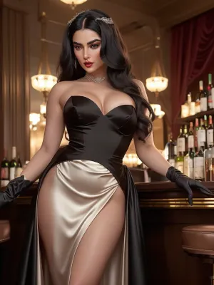 Ultra-photorealistic 8K cinematic portrait of an elegant curvy woman with glowing fair wheatish skin, perfectly oval face, subtle high cheekbones, and expressive almond-shaped deep brown eyes framed by natural eyebrows and long delicate lashes. Her long, silky, wavy black hair falls gracefully over one shoulder, softly illuminated by warm front-right key light. Outfit & Styling, black satin bodice long gown with a
dramatic side slit, paired with satin elbow-length gloves. She holds a red wine glass delicately in one hand. Seductive, confident facial expression, capturing allure and sophistication.
Background & Setting, retro bar interior with softly blurred background, bar counter, dim ambient lighting, cinematic bokeh, warm moody tones emphasizing glamour and elegance.
Pose & Mood, standing or leaning subtly on bar COunter, body angled for cinematic composition, legs visible through gown slit, poised, commanding
attention. Ultra-realistic textures on satin fabric, skin, hair, and reflective surfaces like wine glass and bar elements.
Lighting & Cinematic Notes, soft warm key light on
face and hair, subtle fill light to highlight gown and gloves, shallow depth of field for blurred retro bar background, elegant editorial fashion mood, cinematic storytelling.