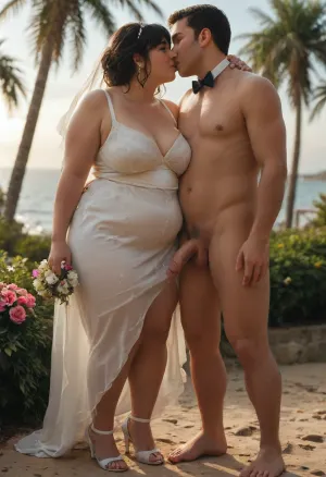 Beach, sunny day, palm trees, bright lighting., ((obese girl in wedding dress, black hair, stocking, high heels, make up)), . slim naked boy, bowtie, flaccid cock, Happy, kiss. Another girl in sundress is staying in back with flowers in hand. full body view, focus on cock, <lora:MJ52:1.8>