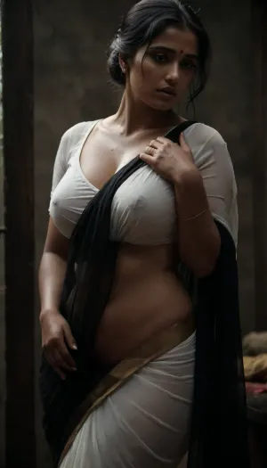 Sexy Indian 30 year old woman, net black plain sari, white deep neck blouse, thin drapping, sari translucent on navel, saggy breasts, plump figure, wet clothes. huge tits, huge ass, <lora:EnvyThiccXL01:1>, <lora:Venus_Body_Alpha:1>, <lora:dark:2>