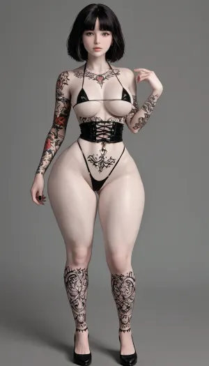 1girl, gothic, goth, pale skin, (pale skin:4), dark black eyes, (black hair:2), bangs hair, black eyeliner, (black lipstick), white skin, (full body shot), beautiful face, (flat chest:.7), small boobs, black choker, navel piercing, pierced nipple, one arm up, garters, bedroom, (extreme snatched waist:1.8), pencil waist, (wide hips:1.8), hour glass body, perfect ass, black waist high thong, micro bikini top, (short torso:.8), underboob, bottomheavy, (big ass:1.3), bolt on ass, huge, gigantic, (thick thighs), massive, full body tattoo, symmetrical tattoos, covered in tattoos, titty tattoos, leg tattoos, <lora:bottomheavy_v1_sdxl_tags:2>, <lora:FBT-000002:1.6>