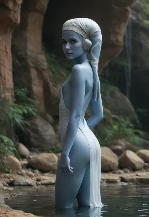 Star wars, seductive scenario of sexy Twi'lek backside view, lifting up her transparent silk dress, exposing bare slim ass, opening perfect trained ass cheeks, looking over shoulder, (blue skin:1.9), (flat chested:1.3), Green eyes, greedy, turquoise jeweled headband, sexually charged atmosphere, naughty, horny, against the backdrop of a natural steam bath from hot springs, extraordinary amounts of water vapor in the air, breathtaking landscape on an alien planet, star wars atmosphere, novuschroma38, style, <lora:CBS_novuschroma38 style:.8>