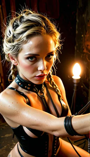 new, (well-lit scene:1.5), (rim light:1.5), (DSLR photo), (((good hands))), ultra detailed anatomy, Photorealistic style, 8k ultra-detailed, front view, (a 24 years old german ghotic woman:1), from above, (solo:1.5), 1girl, (Elsa:1.6), blonde hair, blue eyes, single braid, hair over shoulder, makeup, bondage outfit, dominatrix, (whip), seductive, arrogant, BDSM props and candle in torture room, close up, indoor, dim light, <lora:MJ52:1.9>, <lora:DarkGrimFantasyXL-000004:2>, <lora:LCMTurboMix_Euler_A_fix:2>, <lora:Fantasy with epic details - XL SDXL v1.0:2>, <lora:FLUXEnh4nce:2>