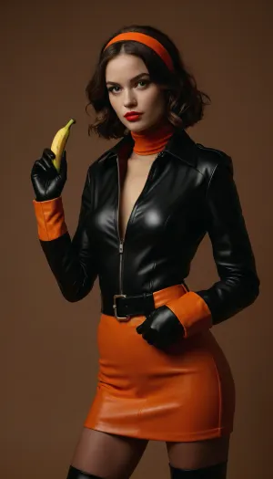 70s style, The image depicts a spy female character with a confident stance. She is dressed in a stylish, edgy outfit that includes, **Outfit**, A black leather jacket with orange accents on the collar and cuffs, paired with a matching orange pencil minidress.
- **Accessories**, She wears black gloves and thigh-high black boots, along with a belt with a metallic buckle.
- **Hair and Makeup**, Her hair is styled in a short, wavy bob with an orange headband, and she has bold makeup, including red lipstick.
- **Pose**, She is holding a banana in her right hand, suggesting a combat-ready or action-oriented character.
The overall aesthetic is sleek, modern, and action-oriented, with a strong emphasis on bold colors and a tactical appearance. 8k, <lora:add-detail-xl:1.8>, <lora:MJ52:.5>