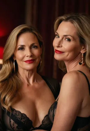 lesbians, two mature woman, woman mature 45 years old, long hair, dark blonde, curvy, very small tits, sexy lingerie, very sexy black long sleeve lingerie, huge hoop earrings, glamour, make up, red lipstick, very long long hand nails, sexy hand, background of a room, naught horny smile sexy face, face focus, looking at the camera, touching her face to another sexy mature woman, lesbian, sexy lesbians having sex, almost kissing