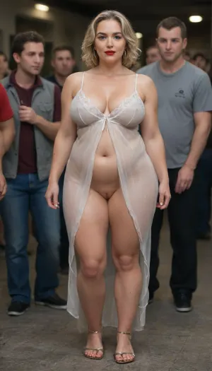 The point of view is focused on the legs of a beautiful and tender woman. She is a short mature MILF with a plump, round face. The woman wears black eyelashes and red lipstick.In the scene, she is standing in the middle of a night party, stared by college boys. They are focused on her body. The woman has nice muscular legs, and a pin crown. She is wearing a lace nightgown that reveals her curvaceous body. One of her breasts is falling out. The woman has wide hips and short perfect legs.The man in the scene is tall, fat, has a haircut, and is mature. The scene is set in 8k resolution and is photorealistic. It features a full body view.The colors in the scene are green, red, and purple. The eyes have pupils. The woman wears casual transparent peasant clothes and dressy clothes. Her chest is flat, breasts are small saggy or torpedo tits, natural hair fupa pussy, her neck is very short. Her tits are seen through her dress. Her hips and thighs are wide. Her belly is fat and plump, big belly bulge. She has long blonde hair. She has muscular arms and abs.The models used in this scene are, and, ., <lora:Venus_Body_Alpha:.4>