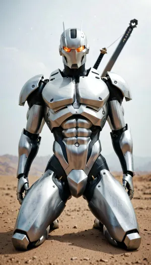 The image shows a humanoid nude robot sitting on the ground with a sword in its hand. The robot is white in color and appears to be made of metal. It has a sleek and modern design with a large head and arms that are covered in intricate details. The body of the robot is covered in a metallic armor-like material, giving it a futuristic and futuristic look. The sword is long and pointed, with a sharp blade and a pointed tip. The background is dark, making the robot stand out even more. The overall mood of the image is ominous and ominous.