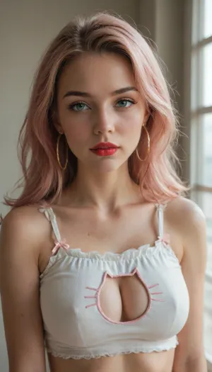 ((Masterpiece, best quality)), edgQuality, cat cutout, cleavage cutout, edgcatlingerie, a woman with long pink hair, wearing edgcatlingerie, red lipstick, large gold hoop earrings, large breasts