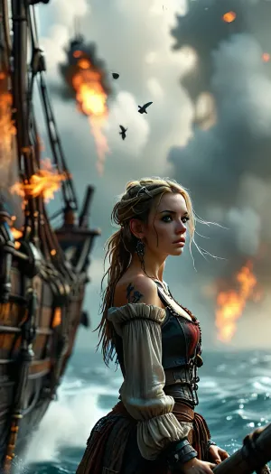 14 century, full body view of a solo beautiful 19 years old flat-chested slender female pirate being on pirate sailing ship, (working on wooden pirate sailing ship:1.6), blonde dreadlocks, wears highly detailed typical pirate clothing from the 14th century, a headscarf under the pirate hat, open dirty cotton shirt, red vest with embroidery, coarse brown rolled-up trousers, bare midriff, brown leather boots, large earrings, full-body tattoos, holds pirate saber, dark small round sunglasses, black storm clouds, surprised, she looks up at a huge round and illuminated spaceship which flys far away through the clouds, (highly detailed Spaceship flies above the ocean:1.6), surreal situation, (attacked and burning pirate sailing ship in background:1.4), photorealistic, cloudy, smoke, atmospheric, clouds, fog, wet body, key visual, intricate detail, highly detailed, breathtaking, vibrant, panoramic, cinematic, but, mad-2cbrrm, mad-1cbrrm, <lora:MJ52:2>, <lora:BUT_SDXL_SHS:2>, <lora:style_lora_realis:2>, <lora:Neon_Cyberpunk_Cyberarm_SDXL:2>, <lora:add-detail-xl:1.5>