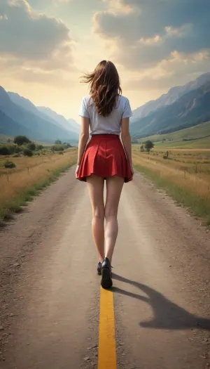 epic painting, girl in a short skirt standing at parting ways, (Y-crossing:1.3), (two parting ways:1.2), (two directions:1.4), photo from behind, taking a turn, (two forking paths), (path to left and path to right), (two paths:1.2), (decision), (deviating paths), (parting ways), (fork)
