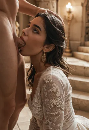 photorealistic, masterpiece, high-res, (full-body picture:1.2), (cinematic lighting:1.5), 23 year old woman, (Persian woman:1.6), (Spanish castle bedroom:1.5), (curvy body:1.2), big athletic ass, small-medium round breasts, very sexy face, (very tan skin), long hair, she is wearing a short sexy white lace long sleeve dress, (looking at me), she is deepthroating a mans penis, side view, (deep throat), gagging, sidefellatio, fellatio, from, side, 1boy, penis, the man is grabbing her head