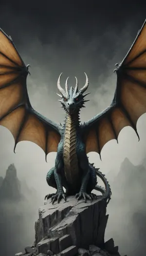 Gouache minimalism. Close up. The dragon spreads its wings. Medium shot. Dystopian art style. Low contrast lighting. Desaturated colors, minimalist composition, muted tones, geometric shapes, simple forms, bold brushstrokes