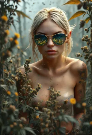 full body view, A double-exposure illustration in which a nude elven gardener is overlaid with cannabis, tattooed, wears silver metal sunglasses with extremely small circular yellow lenses, looking at the viewer, (detailed reflection in the lenses of flowering cannabis plants:1), silent smile, lingerie, view from back, she harvests perfect cannabis buds, (is surrounded by a swarm of 40 perfect and colorful realistic butterflies:1.7), (40 realistic butterflies:1.7), the background is blurred, the entire image is designed using technical parameters to create a warm, romantic atmosphere. Ganja, flowers, cannabis, marijuana, leaves, plants, resin, glands, nugs, edgFae, flower, fairy, style, wearing, sunlight_str1, vibrant, dream, pale, reality, elven, architecture, cloudy, smoke, atmospheric, clouds, fog, intricate detail, highly detailed, breathtaking, panoramic, cinematic, (3D, Framed, Woman), Cat, Skull, Flowers, Bird, Macabre, psychedelicai, <lora:MJ52:1.5>, <lora:style_lora_realis:1.6>, <lora:psychedelicai-SDXL:.8>, <lora:Elven_Style_V1:.4>, TattooVariations, <lora:TattooVariations:.8>