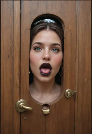 house door, wooden door with, (round hole without border:1.4), at waist height, woman's face fills the hole, (seamlessly), face in hole, womain is 39yo, brunette, blue eyes, (dark lipstick), (big thick brass ring:1.4), hangs down from woman's mouth, brass ring on chin, big penis just before woman's open mouth