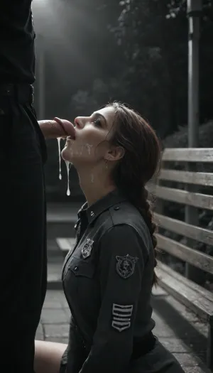 20yo woman kneeling, brown hair in braid, woman looking up at man, park bench, night, ((profile)), heavy fog, black and white, silhouette, 9 inch penis, fully erect, penis above woman's head, excessive cum, cum spraying, cum dripping on woman, woman in police uniform, submissive, look of love, uniform streched over large boobs, <lora:640897_training_data:2>, <lora:sin-city-sdxl-v1-000050:1.3>