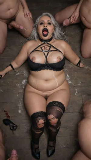 UHD, 16k detail, sharp focus, hyper realistic, score_9, score_8_up. Setting, Gothic sacrifice, facing camera, laying back legs spread, (chubby Gothic vampire:1.6), (tied down in a pentagram:1.2), on the floor, huge natural tits, (tan skin:1.3), (older mature woman:1.4), (lingerie:1.1), gorgeous face, (black lipstick:1.4), torn stockings, pierced nipples, (pissed on by 4 men:1.3), (piss drinking:1.3), open mouth, mouth open, drinking piss, (silver hair:1.4), pubes, high heels, (stake through the chest:1.3), blood on mouth, fangs, (cum covered body:1.4), BigStretchedTunnel, woman, wearing, pentagram, harness, (person\), rope, black, tape, gag, bondage, bloodyface, blood, <lora:BigStretchedTunnelSDXL:1.6>, <lora:PentagramVenusHarness-XL-000004:1.6>, <lora:piss_in_mouth_deepmind:1.7>, <lora:bdsm_SDXL_1_:1>, <lora:lora-bloodyface-lite:1.3>